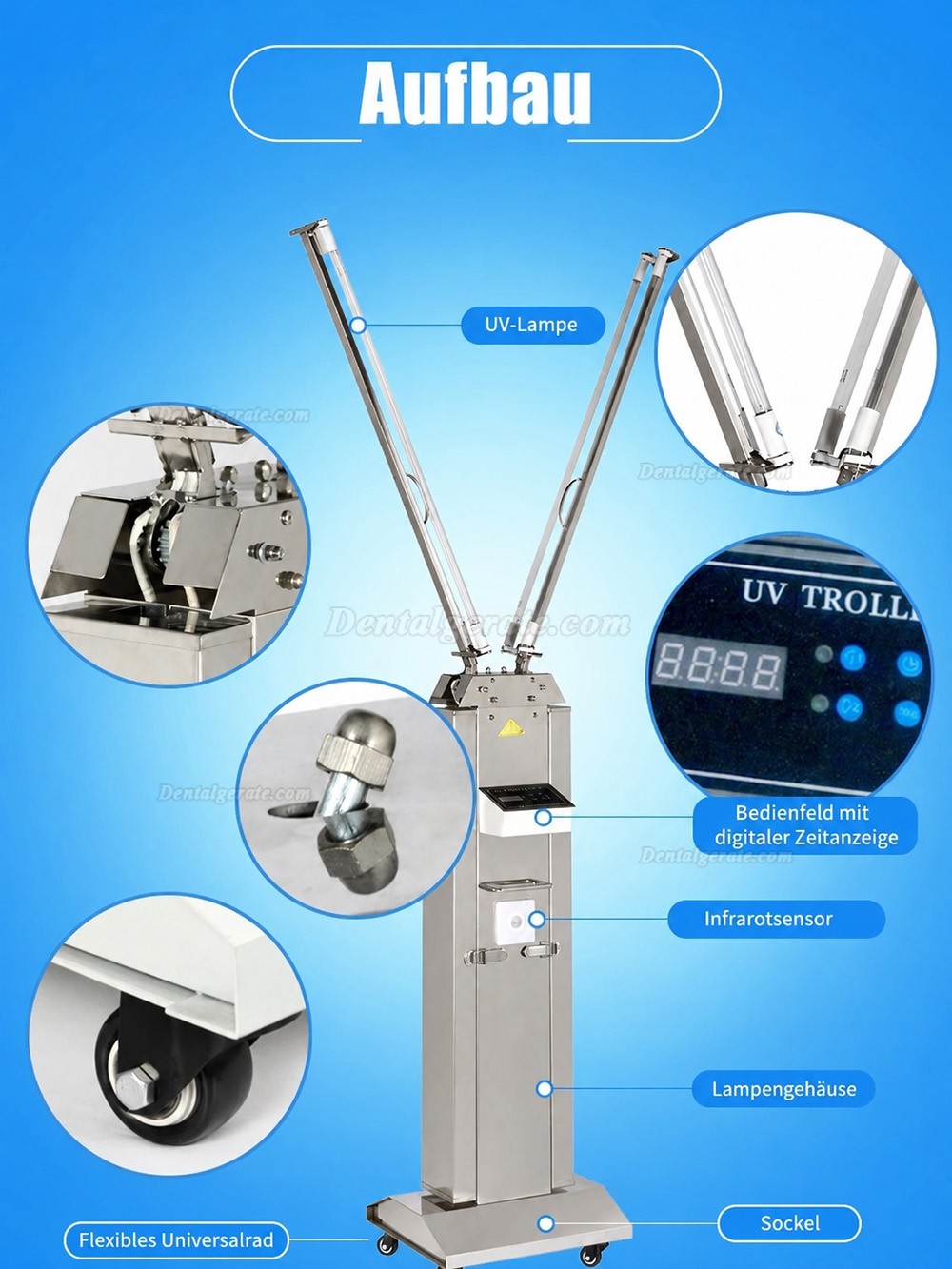 FY Mobile UV + Ozon Desinfektionslampe Edelstahlwagen mit Infrarotsensor 120W-220W